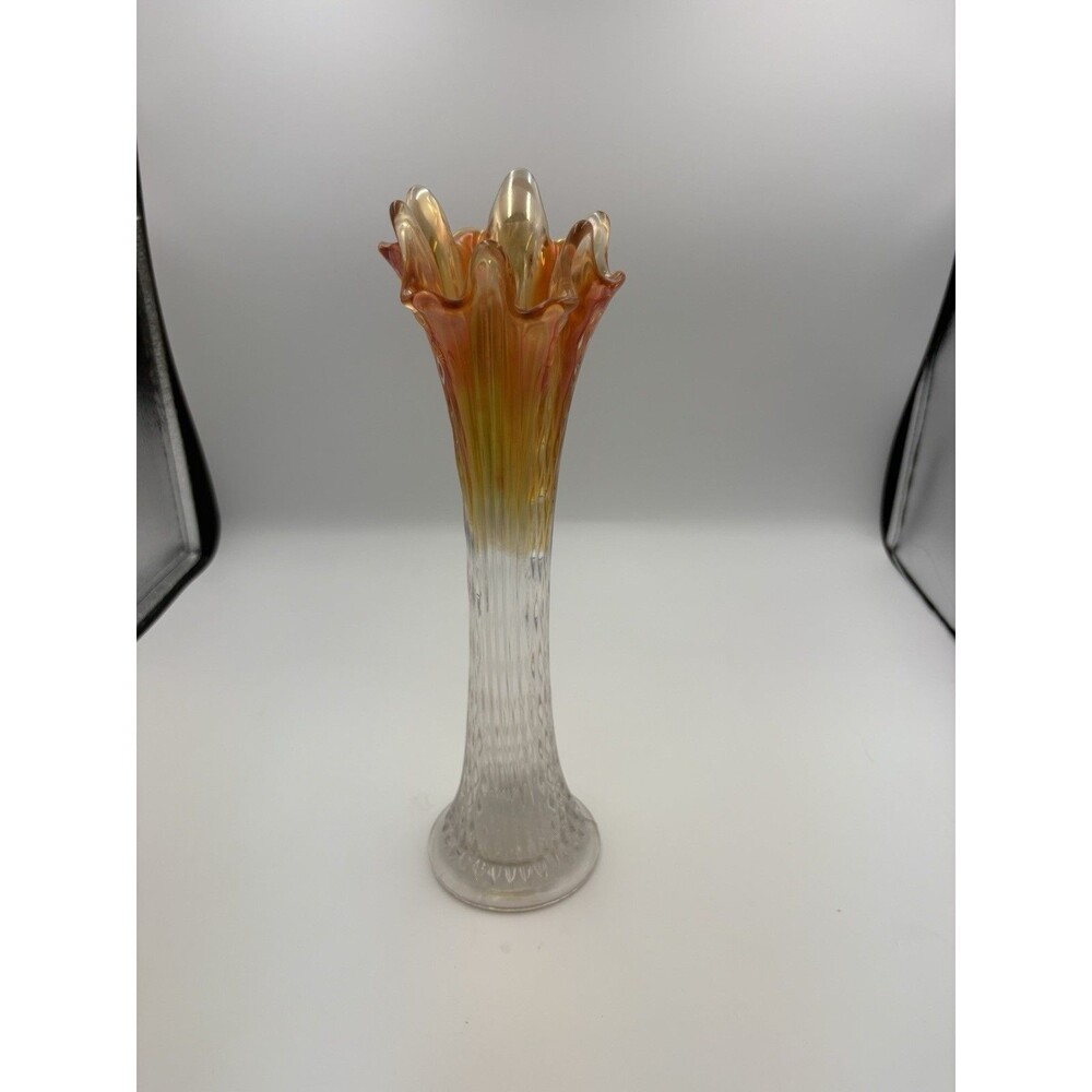 Antique Fenton MarigoldToClear Diamond Point Carnival Glass Fluted Vase